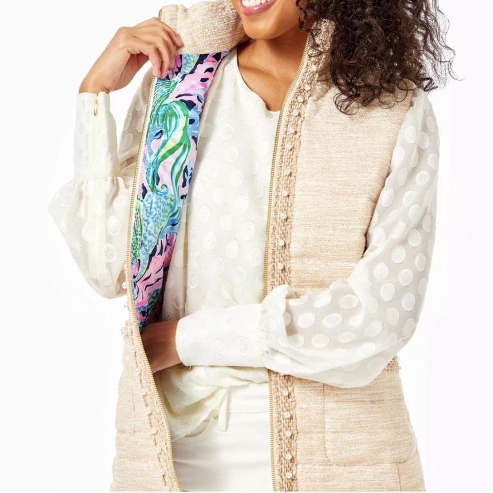 Lilly Pulitzer Noella Vest in Latte (Metallic tan/cream boucle), NWT